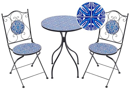 Beliani Ensemble de Balcon Vintage en Métal Table et Chaises Extérieur Cadre en Fer Mosaïque Bleu Noir Cigliano