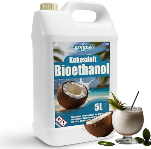 ZIVELA Bioéthanol 96,6 % 5 l | Alcool bio parfum noix de coco 96,6 % 5 l | Cheminée au bioéthanol | Parfum noix de coco | Combustion propre, sans fumée, flamme