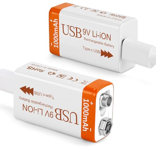 Rechargeable Lithium 9V Batteries 1000mAh with 2 in 1 USB Charge Cable