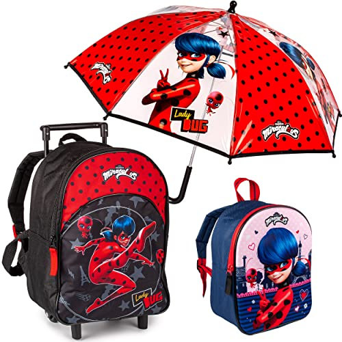 alles-meine.de GmbH 3 TLG. Set: Kinder Trolley + Rucksack + Regenschirm Miracul. - Ladybug und Cat Noir wasserabweisend & beschichtet - für Mädchen & Jungen - Trolly mit Roll..