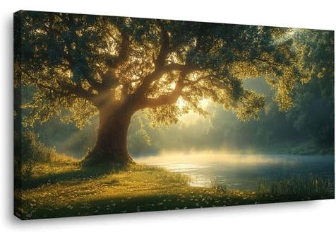 WIKEO Natur Wald Wandbild Deko Aesthetic, Waldgrüner Baum Fototapete Schlafzimmer Leinwandbilder -Wohnzimmer Gemälde Foto Geschenk -Living Room Decoration - 60x120cm Gerahmt(grün)