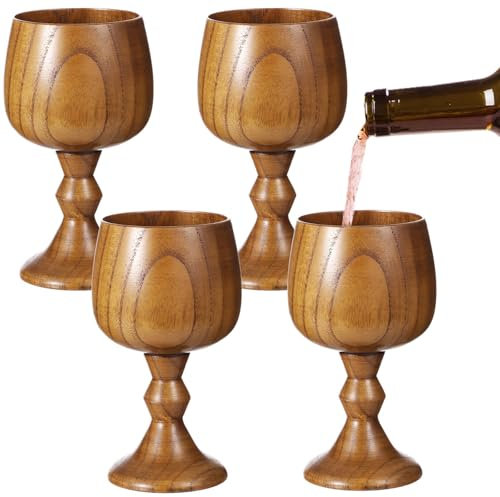 4 Stück Retro Weinkelche aus Holz, 145 ml, mittelalterliche Trinkkelche, massive Eschenholzbecher für Partys und Küchen