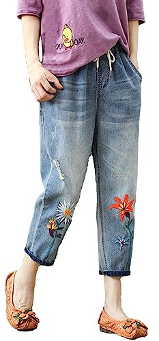 IQYU 7/8 byxor dam sommar jeans raka ben – capribyxor jeans dam 3/4 breda jeans med broderat tryck capribyxor lätta sommarbyxor utomhus byxor boyfriend jeans 3/4 byxor, röd, XXL