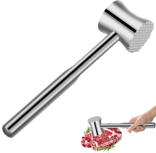OurLeeme Meat Tenderizer Mallet, Meat Hammer 304 Stainless Steel Heavy Duty Double Sided, Kitchen Mallet for Beef Conch Chicken Fish Veal Cutlet Steak Pounder Flattener, Ergonomic Design Non-Slip Grip