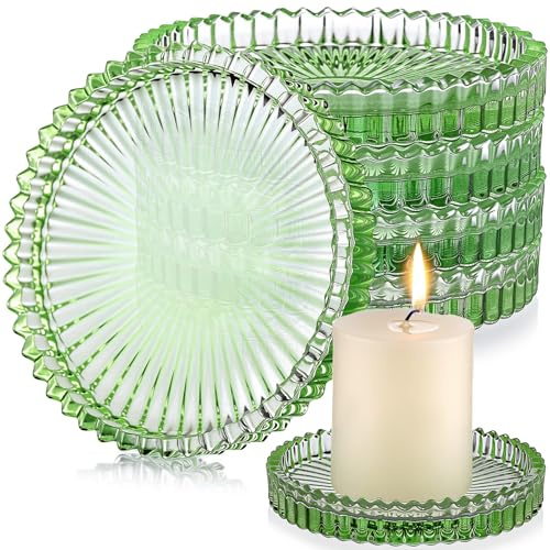 Honeydak Sage Green Glass Pillar Candle Holder Plates 4'' Round Glass Candle Tray Round Coasters for Table Centerpiece Wedding Party Home Bridal Shower Thanksgiving Christmas Decor(6 Pcs)