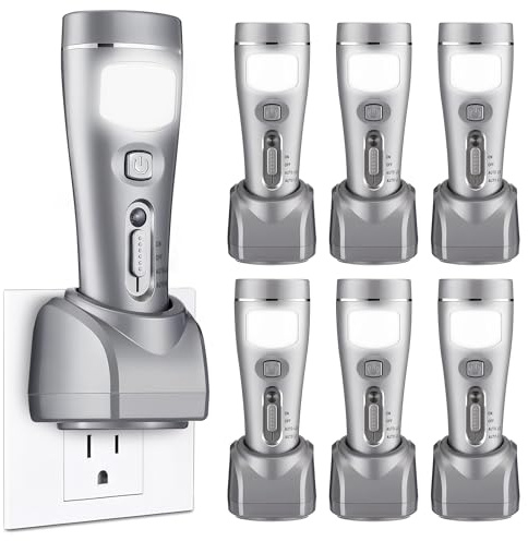 Grinsvalley Lot de 6 lampes d'urgence rechargeables pour panne de courant domestique, lampes de poche rechargeables à brancher pour mur, allumage automatique en cas de panne de courant, lampe de poche