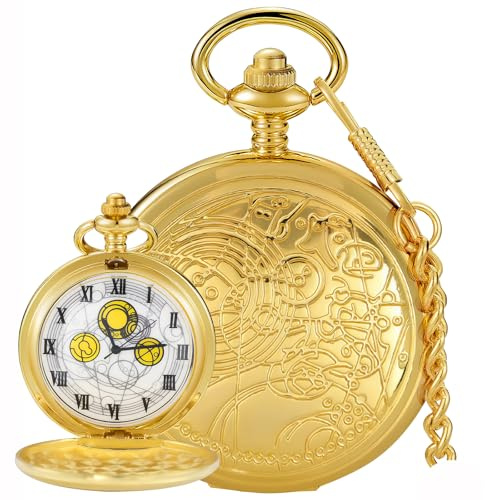 Tiong Montre de poche vintage à quartz bronze/argenté/doré/noir pour homme avec chiffres arabes et cadran blanc avec chaîne, 62-or--R, Rétro
