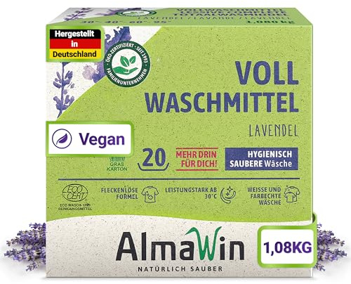 AlmaWin® Vollwaschmittel Pulver [6x 1,08kg - 120 Ladungen] mit Lavendel-Duft für strahlende Reinheit - Waschmittel Pulver für alle weißen & farbechten Textilien [30-95°C] - Veganes Voll-Waschpulver