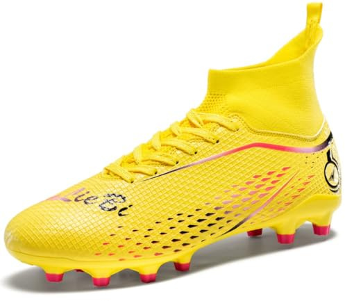Chaussures de Foot Hautes pour Hommes/Femmes - Bottes de Football TF/AG Couleur Vive avec Support de Cheville, Maille Respirante, Crampons en Caoutchouc Anti-Dérapants pour Herbe Artificielle