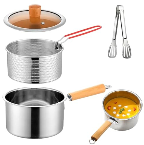 ETUCYNG Freidora de acero inoxidable de 18 cm, olla con filtro de, colador de grasa profunda, recipiente de grasa de tocino, ahorro de, freír pequeño para freír pescado, camarones, pollo