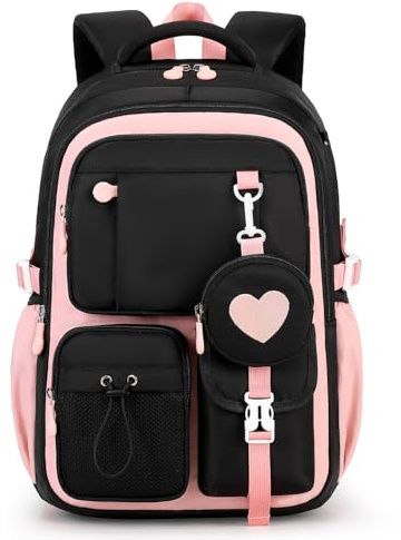 Tanou Sac a Dos Ecole Fille, Respirant Cartable Fille Primaire et College | Confortable Sac à Dos Scolaire à la Mode pour Adolescentes en Tissu Oxford, Noir Rose