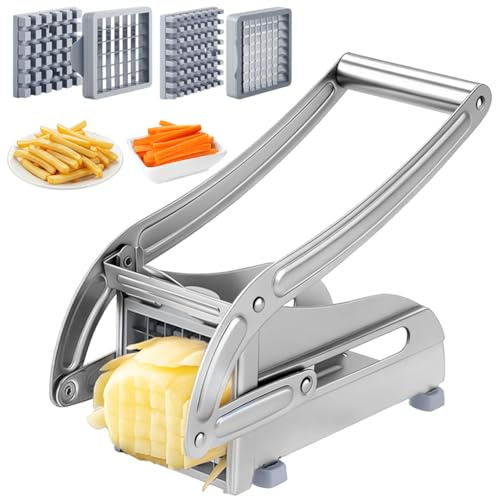 Pommes Schneider Edelstahl mit 2 Schneideeinsätzen, Multifunktionaler Kartoffelschneider & Gemüseschneider & Käsestiftler, Spülmaschinenfest, Ideal für Pommes Frites, Käse in der Haushaltsküche
