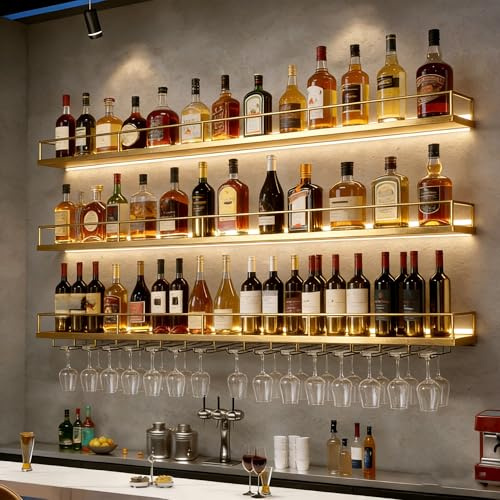 Dernoing Botellero de Pared Metálico Moderno, Estante para Vino de 3 Niveles con Soporte Integrado para Copas e Iluminación LED, Botellero de Vino para Vinoteca, Bar, Cocina y Comedor (Oro, 120cm)