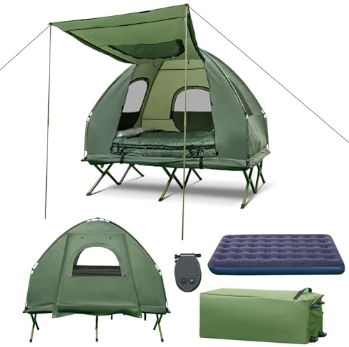 SOARS Feldbett mit Zelt, Campingzelt wetterfest, Campingbett | Campingliege klappbar mit Luftmatratze, Schlafsäcken, Kissen & Rolltasche, Zeltbett für Camping, Picknick, Wandern & Angeln