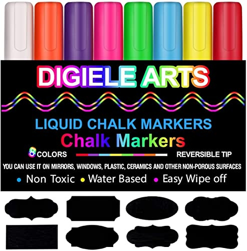 DIGIELE Rotuladores de Tiza Líquida, 8 Colores Tiza Liquida, Punta Reversibles 6mm, Borrado en Paño Seco o Húmedo para Cristal, Ventana, Pizarra o Restaurante, 32 Etiquetas Reusables Embaladas