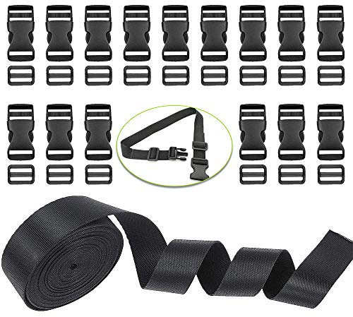 XCOZU 1 Rolle 5 Yards Schwarz Nylon Gurtband 25mm für Gepäckgurten, Rucksackgurten, 15 Stück Steckschnalle 25mm, Schnallen und Verschlüsse, Klickverschluss, Rucksack Schnalle, Klippverschlüsse