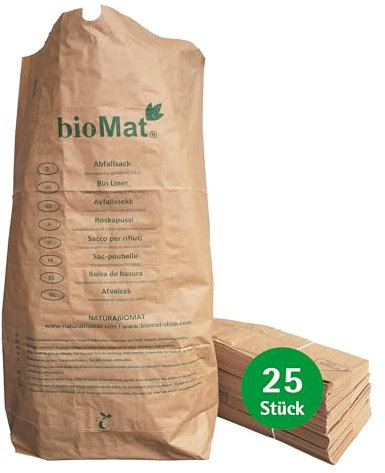 bioMat Kompostierbare Papiersäcke 120l aus Kraftpapier, 25 Papiertüten für Biotonne, 1-lagig, Reißfest, Nassfest, Braun