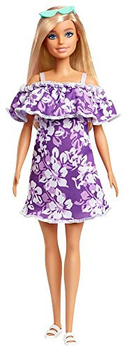 Barbie GRB36 - Loves The Ocean Puppe im lila Blumenkleid (29,21 cm groß, blond), aus recyceltem Kunststoff, mit Mode und Accessoires, Spielzeug Geschenk für Kinder von 3 bis 7 Jahren