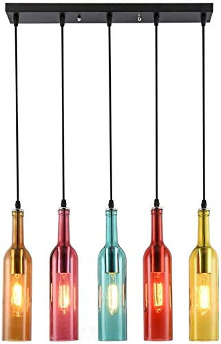 LED Antik Hängelampe Pendelleuchte Vintage Industriell Esstischlampe Bunt Glas Wein Flasche Lampenschirm Retro Kronleuchter für Wohnzimmer Küchen insel Esszimmer Lampe, Höhenverstellbar Beleuchtung