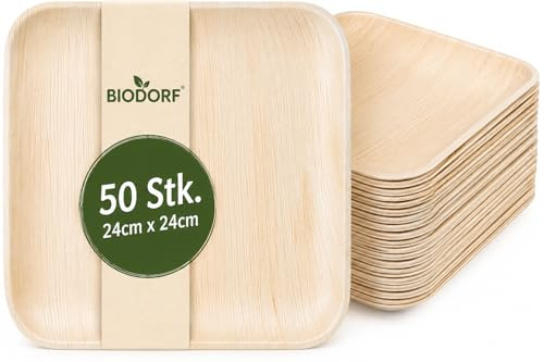 BIODORF Palmblattgeschirr | 50 Teller (24 x 24 cm Quadratisch) | Bio Einweggeschirr biologisch abbaubar Partygeschirr chemiefrei | Einweg Teller Holz | Premium Einwegteller