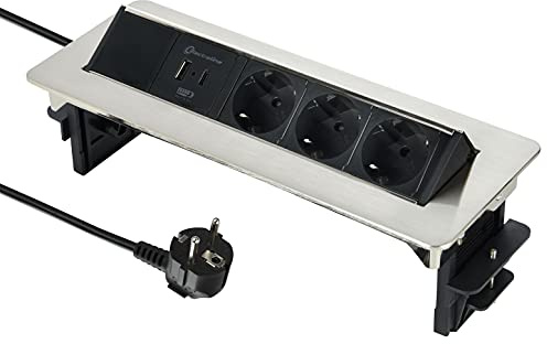 Electraline 62570 Regleta Base Múltiple retráctil para escritorio / mesa Toma empotrada con 3 tomas Schuko + 2 USB 3.1A (1 tipo A + 1 tipo C compatible con la última tecnología) 15.5W, cable 2M