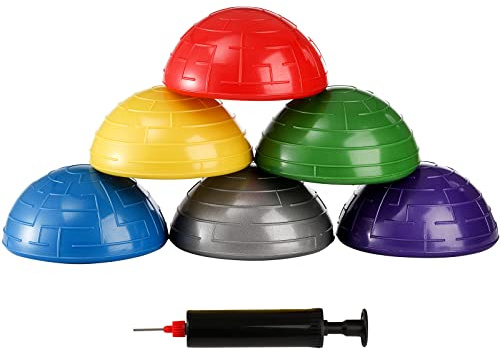 Fasmov 6 Pack Balance Pod, Balance Trainer Dots for Squat Touch Downs, Core Body Balancing, Inflatable Stepping Pads, 1 Hand Pump