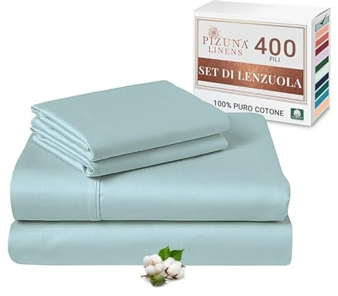 Pizuna Set lenzuola letto matrimoniale Cotone 140x200 cm Blu 400 fili 4Pz | Set lenzuola Matrimoniale 100% cotone a fiocco lungo, 140x200 cm, colore Bambina Blu, 400 fili - angoli, sopra, 2 federe