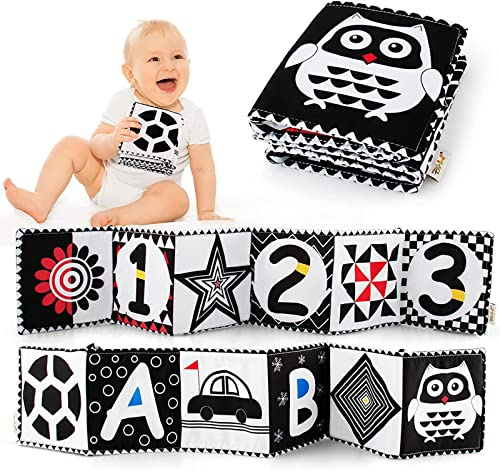 EKKONG Stoffbuch Baby, Kontrastbuch Schwarz Weiß Buch Stoffbuch Soft Bilderbuch Alphanumerische Grafiken Stoffbücher für Babys Kleinkinder ab 0+ Monaten Frühe Lernspielzeug Kinderwagen Spielzeug