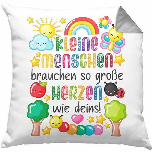 Erzieherin Kissen mit Füllung 40x40 Geschenk Danke Dankeschön Abschiedsgeschenk Beste Kindergärtnerin Spruch Kleine Menschen Brauchen Dein Herz (Grau)