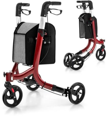 SPOTRAVEL Foldable Rollator Walker, 3-Wheel Rolling Walker with Lockable Brake, Storage Bag and Assist Pedal, Aluminium Mobility Aid for Seniors & Elderly (Red)