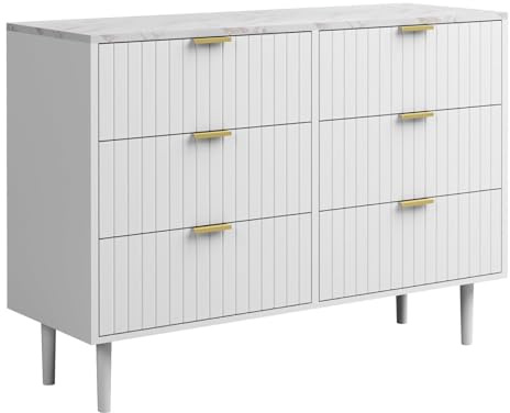 UEV Cassettiera Comò 6 Cassetti con Motivi a Marmo,34x100x75cm,Bianco