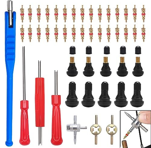 sinzau 47 Stück Reifenventilentferner Ventil Reparatur Set, mit Doppel und Einzelkopf Ventilkern, Ventilschrauber Tyre Valve Core Tool Set, mit TR412 Snap-in Gummi Reifen Ventile, für Auto, Motorrad