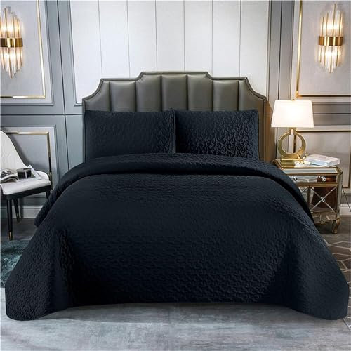 YCDZSW Tagesdecke Bettüberwurf, Steppdecke Patchwork Wendedesign, Einfarbig Bedspreads aus Mikrofaser, Quilt Überwurf Bett Überwurfdecke leicht (Schwarz,Queen(228x228cm)-3 Pièces)