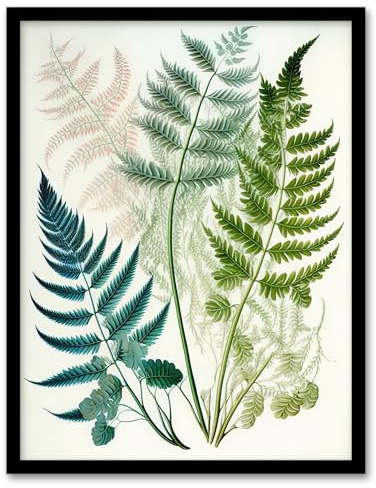 Wee Blue Coo Elegant Fern Fronds Foliage Linocut Artwork Green Teal Pink Bright Botanical Nature Art Print Framed Poster Wall Decor 12x16 inch
