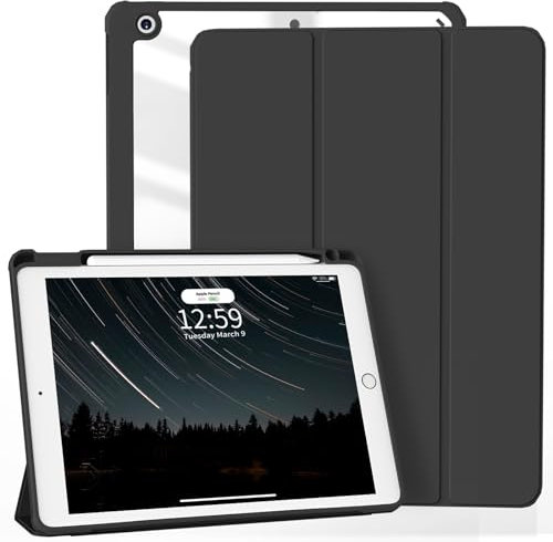ZKTUYU Hülle für iPad 9. Generation 2021/iPad 8. Generation 2020/iPad 7. Generation 2019, Smart Folio Hülle mit Stifthalter für iPad 10,2 Zoll, Transparente Rückseite, Auto Schlafen/Wachen, Schwarz