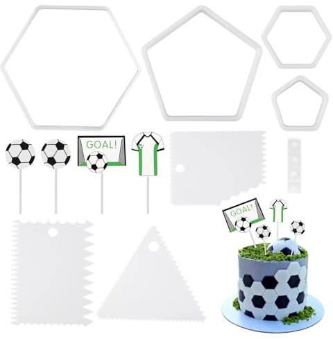 4 cortadores de fútbol con 3 espátulas de plástico y 4 piezas de decoración para tartas, galletas, decoración de tartas de fútbol, juego de cortadores de galletas para manualidades, fondant, tartas,