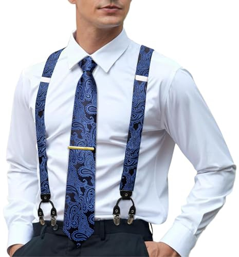 Hi-Tie Paisley Silk Black and Navy Adjustable Suspender and Tie Set for Men