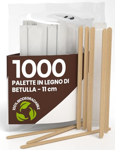 1000 Palette Lunghe da Caffè e Cappuccino Monouso in Legno di Betulla da 11cm - Imbustate Singolarmente, Biodegradabili e Compostabili, Resistenti al Calore per Mescolare Caffè e Bevande