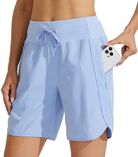WILLIT Damen Shorts Sporthose Kurz High Waist Laufhose Sommer Laufshorts Schnelltrocknend Wanderhose Kurze Hose Sport Fitness Running mit Taschen 7 Hellblau M