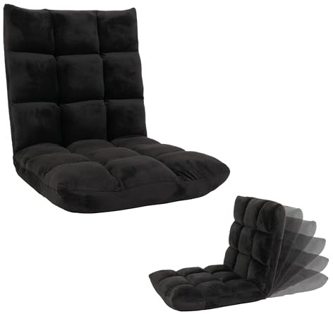 Mendler Bodensessel HWC-N43 stabiles Gestell Samt - schwarz | Relaxsessel, Bodenkissen, Klappsessel, 6 Relaxpositionen