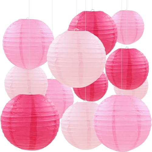 12pcs Pink Hanging Paper Lanterns,Round Paper Lanterns for Birthday,Baby Shower,Wedding,Party,Home Ceiling Decoration（4 6 8 10 ）