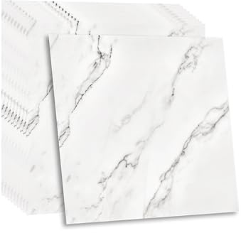 Fantasnight Marble Stick on Tiles White Tile Stickers 30 x 30cm 50Pcs | PET Peel and Stick Wall Glossy Stickers Self Adhesive Wall Tiles for Bathroom Kitchen