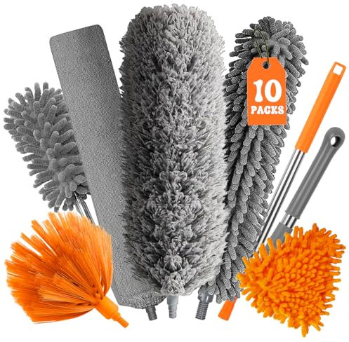 GIBOHOM 10 Piezas Plumero Telescopico Extensible, Microfibra Lavable Plumero Atrapapolvo Longitud 27-255 CM, Reutilizable con Palo Telescopico para Techo, Persianas, Muebles, Telarañas