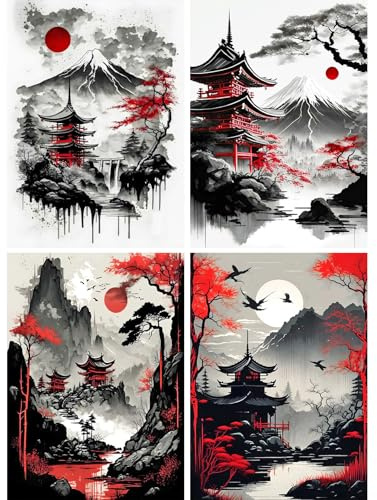 SHEGZHUC 4 Pack Diamond Painting Japanese Landscape 30 x 40 cm Red Landscape Moon Attic Mountain Fuji Mosaic Diamond Painting Art Embroidery Cross Stitch Pictures Gift Wall Decoration