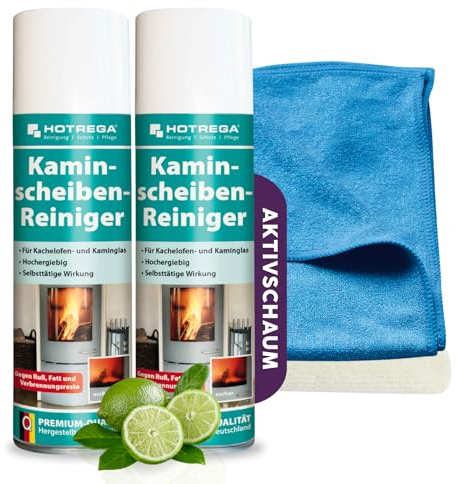 HOTREGA Kaminscheibenreiniger 2x 300ml | Rußlöser & Aktivschaum | Kaminglasreiniger für Ofenglas | Inklusive 2 Microfasertücher | Gegen Rauchharz, Fett und eingebrannte Rückstände