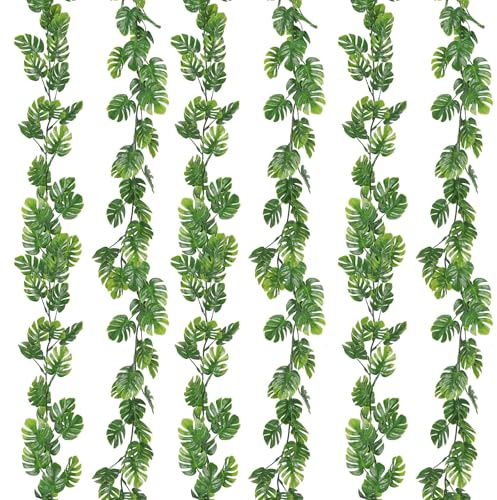 6 piezas de vides artificiales de hojas de Monstera, guirnalda de monstera tropical sintética de 5.9 pies, planta colgante falsa, hojas de palma, vid verde para jardín, porche, patio, selva, luau,