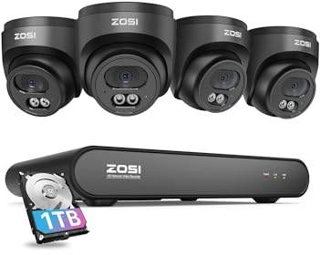 ZOSI 4CH 5MP PoE CCTV Camera System Outdoor, 4MP Home Security PoE Cameras | 3K H.265+ 4CH PoE NVR & 1TB HDD, IP66 Weatherproof wired PoE CCTV Camera, Human Detection,100ft Night Vision, Remote Access