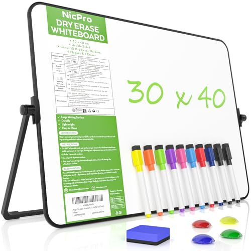 Nicpro Dry Erase Whiteboard A3 with Stand, 30 x 40 cm Double Sided Magnetic Desktop White Board with 10 Pens, 4 Magnets, Eraser, Portable Writing Easel for Kid Drawing Student Classroom Use
