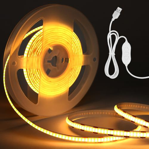HOTUT Tira LED COB USB 5V, Blanco Cálido 3000K, Regulable con Interruptor y Cable de Alimentación, Neon Flexible para Decoración de Cocina y Fiesta