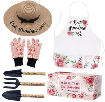 Dualoai Ensemble D'outils de Jardinage pour Femmes, Outils de Plantation Emballés dans Un Coffret Cadeau, Chapeau Rustique, Tablier Floral, Gants, Style B